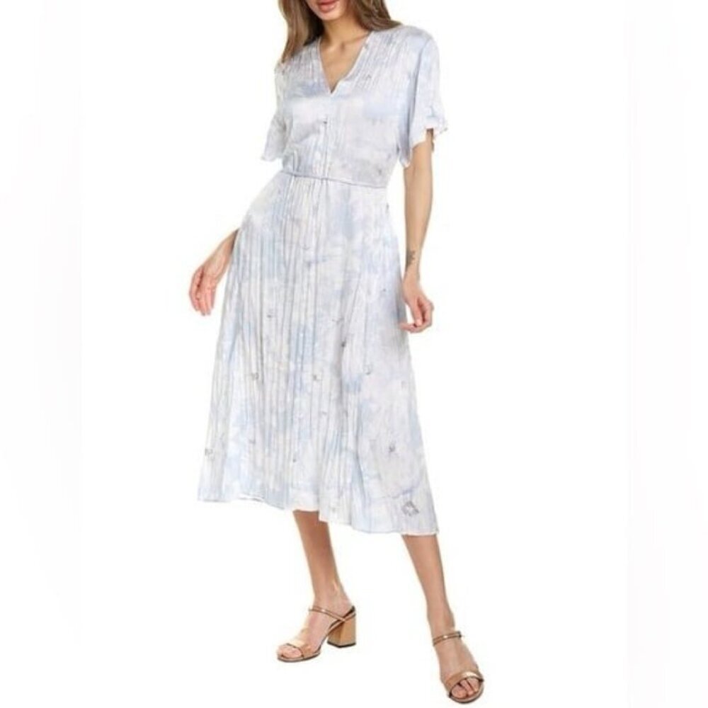 Vince Painted Magnolia V-Neck pleated silky Dress